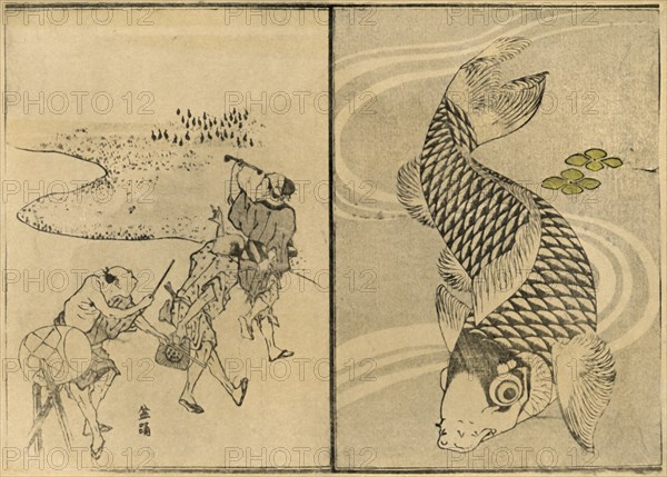 Three men, and carp, 1814, (1924).