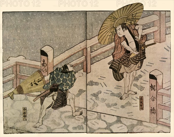 Barefoot men with parasols in the snow, 1811, (1924).