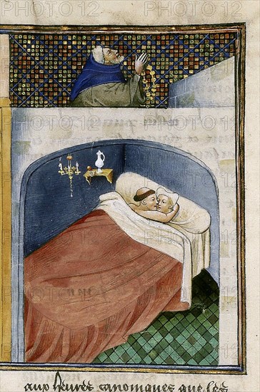 The monk sleeps with the wife while the husband is praying, 1460s.