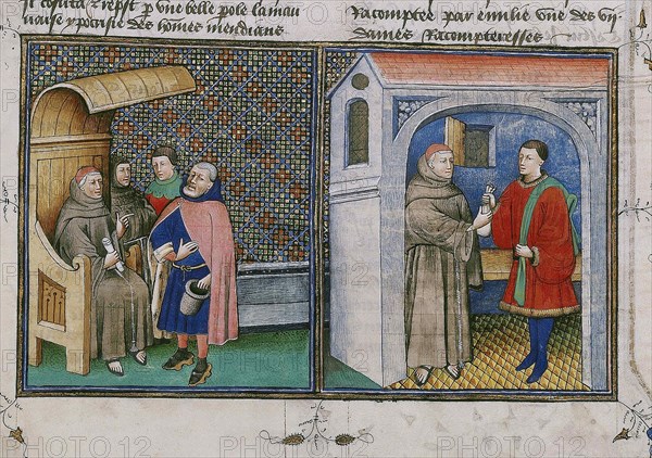 Corruption. Miniature from Le livre appellé Decameron by Giovanni Boccaccio, 1460s.