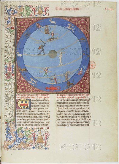 Celestial spheres, planets and zodiacs. Miniature from the Livre des proprietés des choses, c. 1480.
