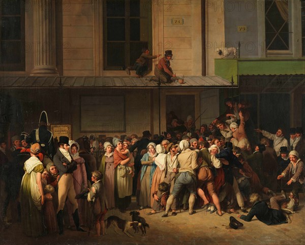 The entrance to the Théâtre de l'Ambigu-Comique on the day of a free show, ca 1819.