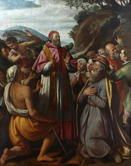 Saint Pope Clement I, surrounded by believers, 1592.