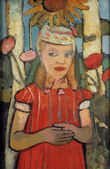 Girl in red dress in front of sunflower, 1907.