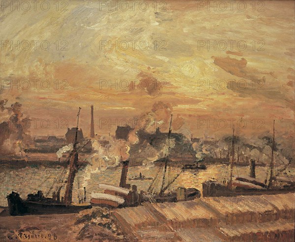 Déchargement de bois, quai de la Bourse, coucher de soleil, 1898.