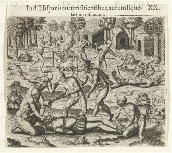 Indians pour liquid gold into the mouth of a Spaniard, 1594.