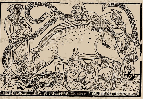 Judensau (Jews' sow), ca 1470.