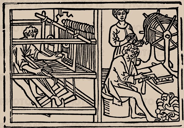 Combing, spinning and weaving of wool. From Speculum Vitae Humanae by Rodericus Zamorensis, 1479.