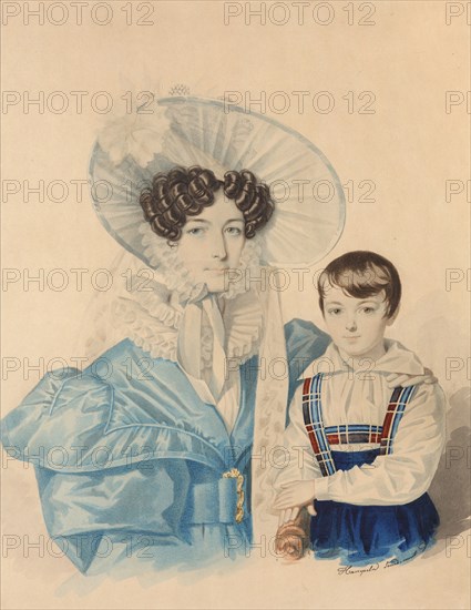 Portrait of Anna Platonovna Plautina (1808-1886) with her son, 1830s.