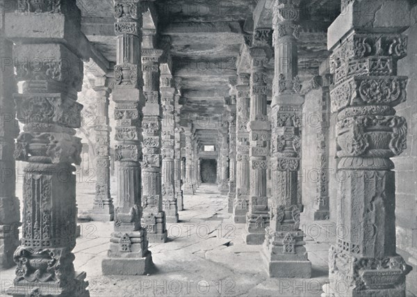 Delhi. Corridor of Hindu Pillars in Kutub Mosque', c1910.