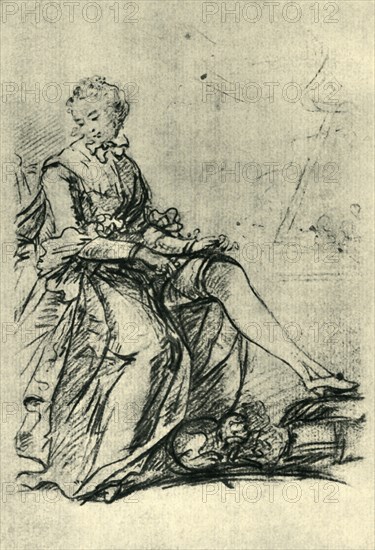 Woman putting on her stockings, mid-late 18th century, (1943).