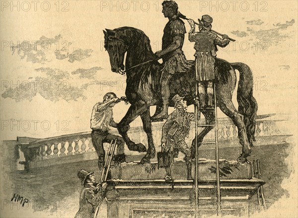 Painting the statue of King William III black, Dublin, Ireland, 1821 (c1890).