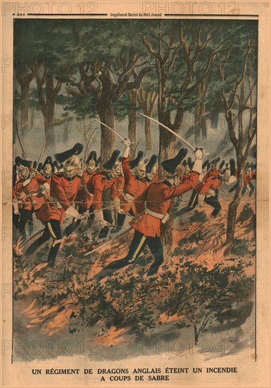 A regiment of English dragoons puts out a fire with sabre blows,1914