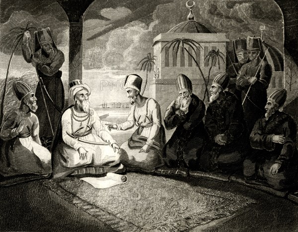 'The Dey of Algiers consulting his council on the arrival of the English Fleet',1816