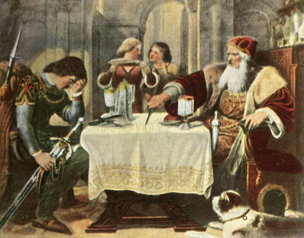 Eberhard cuts in half the tablecloth between himself and his son Ulrich,1377