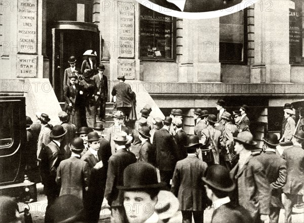 People waiting for news of the 'Titanic'...New York City, USA, April 1912, (1935). Creator: Unknown.