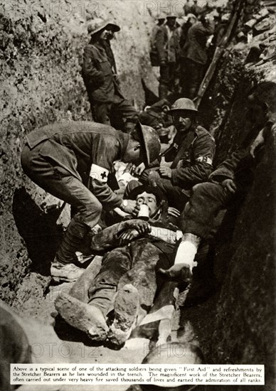 Wounded soldier being treated in the trenches, Battle of the Somme