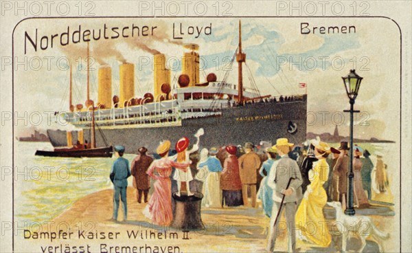 The giant SS 'Kaiser Wilhelm II' pulls away from the quayside at Bremerhaven, Germany