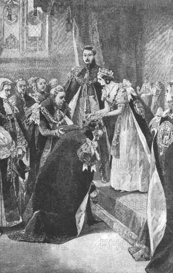 'An Investiture of the Order of the Garter by Queen Victoria', c1830s, (1901). Creator: Unknown.