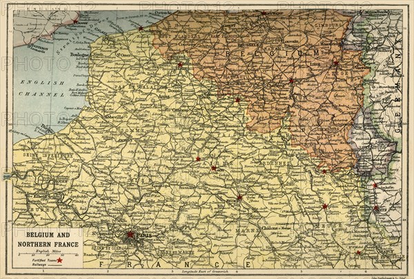 Map of Belgium and Northern France, c1914, (c1920).  Creator: John Bartholomew & Son.
