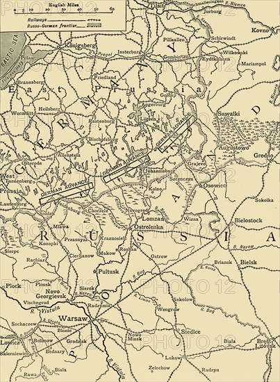 'Sketch Map to Illustrate the German Attack north of Warsaw in February, 1915', (c1920). Creator: Unknown.