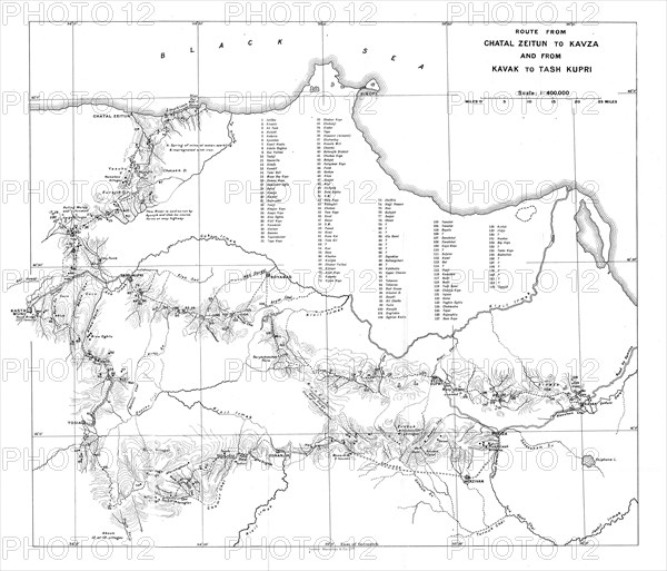 'Route from Chatal Zeitun to Kavza and from Kavak to Tash Kupri', c1915. Creator: Unknown.