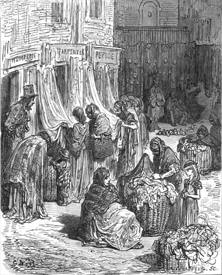 'Gloucester Street, New Cut-Old Clothes Mart', 1872.  Creator: Gustave Doré.