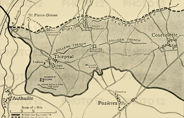 'Map showing approximately the area gained on the Thiepval Ridge...1916', (c1920). Creator: Unknown.