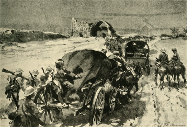 'Nearing Bagdad: British transport column passing the ruins of...Ctesiphon', (c1920). Creator: Unknown.