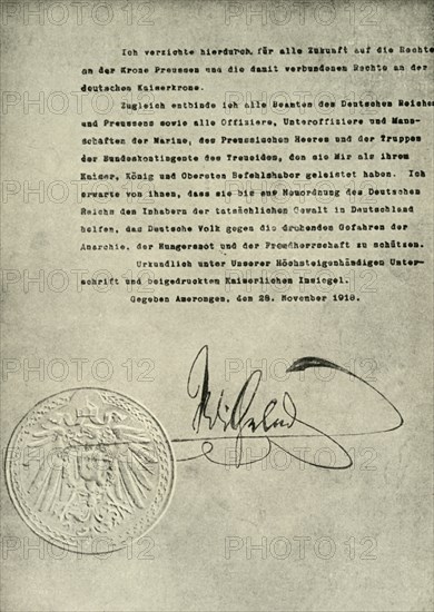 'Facsimile of the Deed of Abdication of the German Emperor, William II', 1919, (c1920). Creator: Unknown.