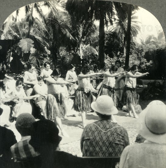 'Hawaiian Hula Girls in a Characteristic Ancient Native Dance, Territory of Hawaii', c1930s. Creator: Unknown.