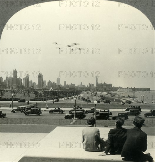 'Chicago's Skyline and Lake Shore Drive, Looking N. from Entrance of Field Museum in Grant Park, Ill Creator: Unknown.