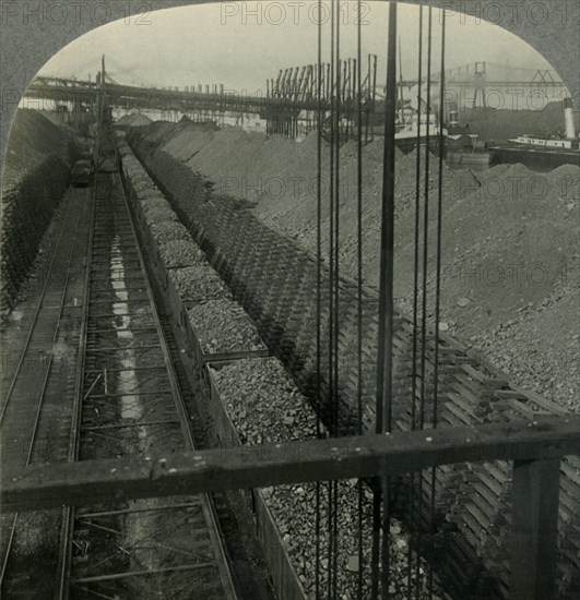 'Unloading Iron ore at Port of Cleveland, Ohio, the Heaviest Handler of Ore in the World', c1930s. Creator: Unknown.