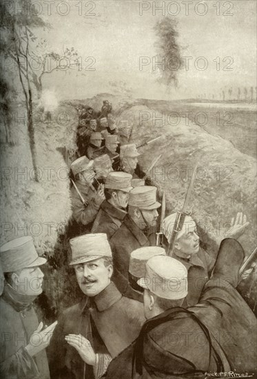 'The Hero King of Belgium in the Trenches with his Soldiers', 1915. Creator: Unknown.