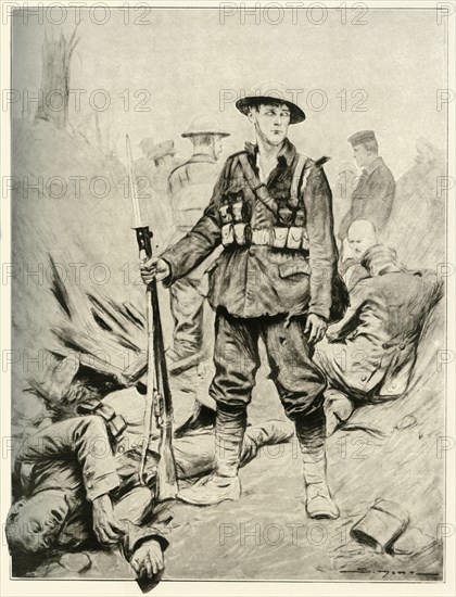 'His Hour of Triumph, Fine Study of a Soldier in a Conquered Enemy Trench', 1917. Creator: Unknown.