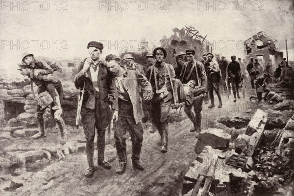 'On the Homeward Journey: Conveying Wounded from Collecting Posts to Dressing Stations', 1917. Creator: Unknown.