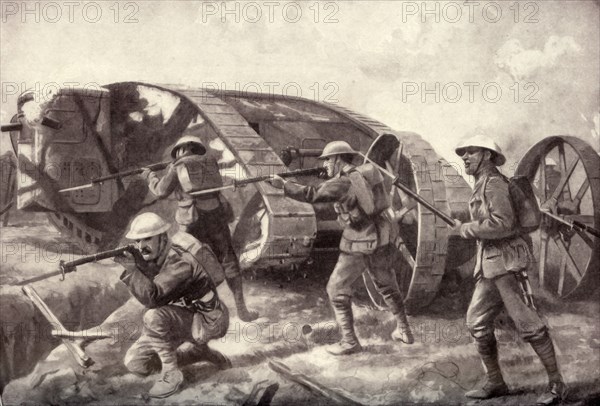 'The "Tanks" in Action. The Western Juggernaut Tracking Over the Mud Wastes', 1917. Creator: Unknown.