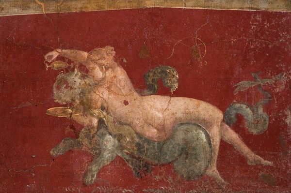 The nereid on a sea beast (sea-panther), 1st H. 1st cen. AD. Creator: Roman-Pompeian wall painting.