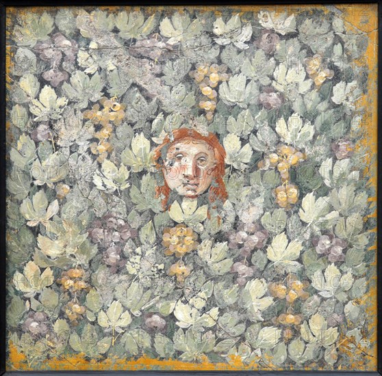 Mask on vine leaves and bunches of grapes, 1st H. 1st cen. AD. Creator: Roman-Pompeian wall painting.