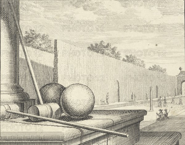 Croquet Attributes with croquet players in the background, 1714. Creator: Vinne, Vincent Laurensz, van der (1629-1702).