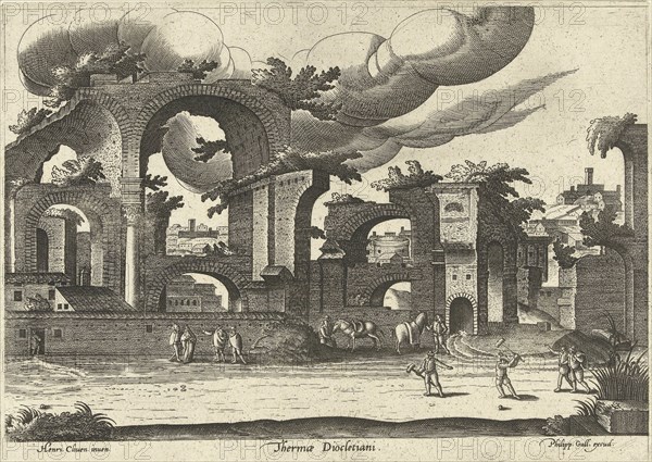 Ruins of the Baths of Diocletian from the side with two men playing croquet in the foreground, 1585. Creator: Cleve, Hendrik van, III (ca 1525-1590).