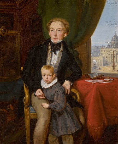 Portrait of Count Pyotr Ivanovich Meshchersky (1802-1876) with son Nikolai , 1935. Creator: Bard, Jean Auguste (1812-1861).