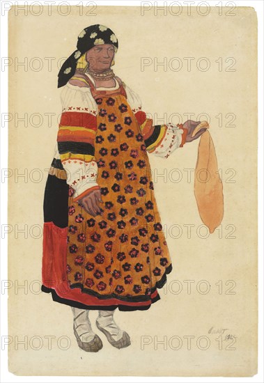 Peasant woman. Costume design for the Vaudeville "Old Moscow" at the Théâtre Femina, Paris, 1922. Creator: Bakst, Léon (1866-1924).