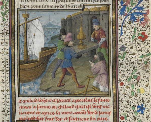 The three Grail Knights brings the Holy Grail to the Ship of Solomon, 15th century. Creator: D'Espinques, Évrard (active 1440-1494).