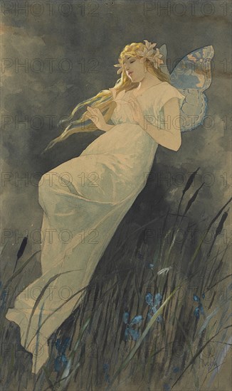 Elf with iris flowers, ca. 1886-1890. Creator: Mucha, Alfons Marie (1860-1939).