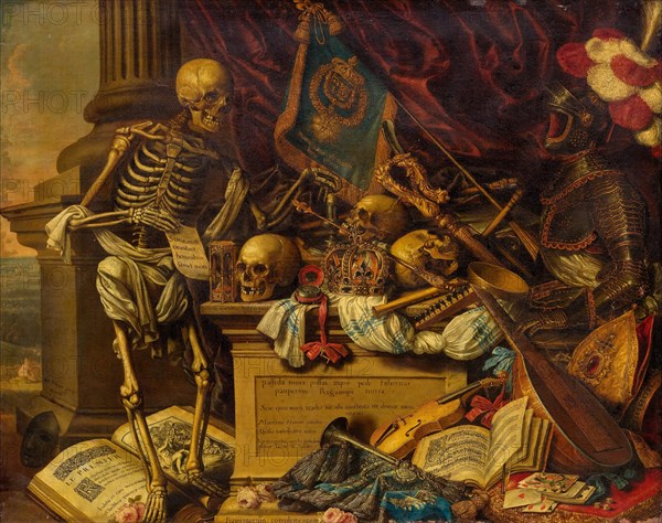 Vanitas Still Life with musical instruments, books, sheet music, skeleton, skull and armour , 17th c Creator: Luyckx, Carstian (1623-after 1657).