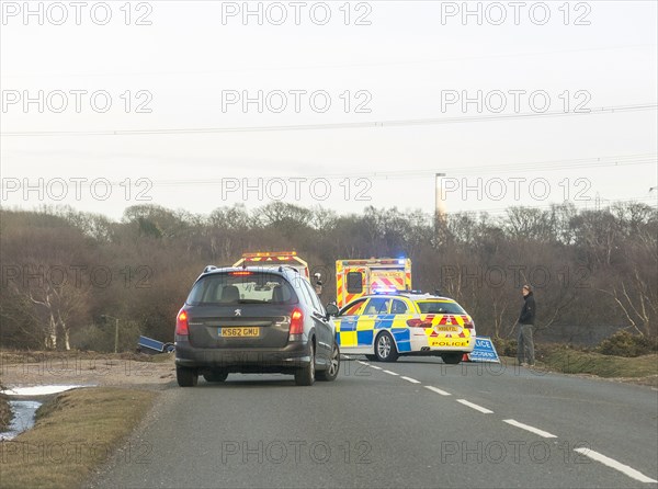 Police car and ambulance attending road traffic accident 2018. Creator: Unknown.