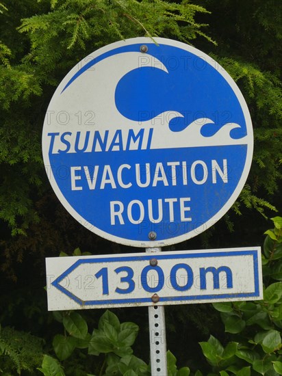 Tsunami warning road sign, British Columbia, Canada 2018. Creator: Unknown.