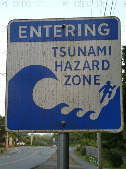 Tsunami warning road sign, British Columbia, Canada 2018. Creator: Unknown.