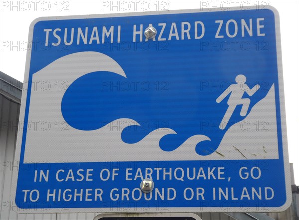 Tsunami warning road sign, British Columbia, Canada 2018. Creator: Unknown.